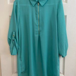 Aqua blue oversized  tunic style blouse with half zip front size S/M